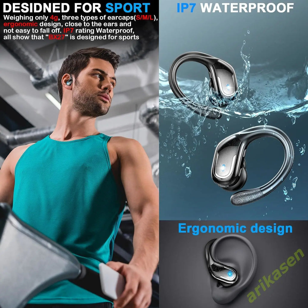 75Hrs Bluetooth 5.3 Earphones IP7 Waterproof Wireless Headphones with ENC Noise Cancelling Mic Deep Bass for Sports Workout Gym