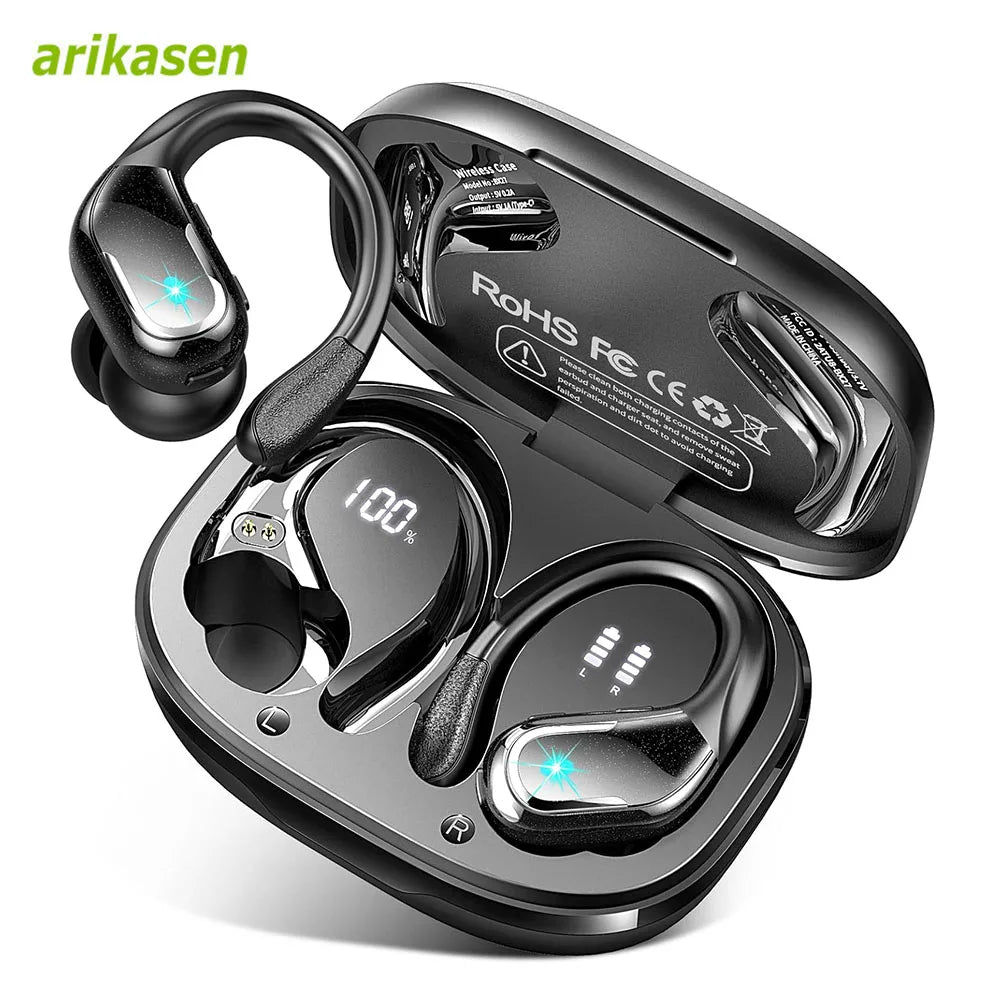 75Hrs Bluetooth 5.3 Earphones IP7 Waterproof Wireless Headphones with ENC Noise Cancelling Mic Deep Bass for Sports Workout Gym