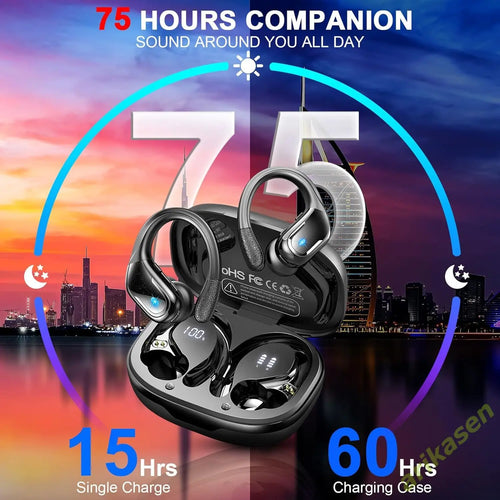 75Hrs Bluetooth 5.3 Earphones IP7 Waterproof Wireless Headphones with ENC Noise Cancelling Mic Deep Bass for Sports Workout Gym