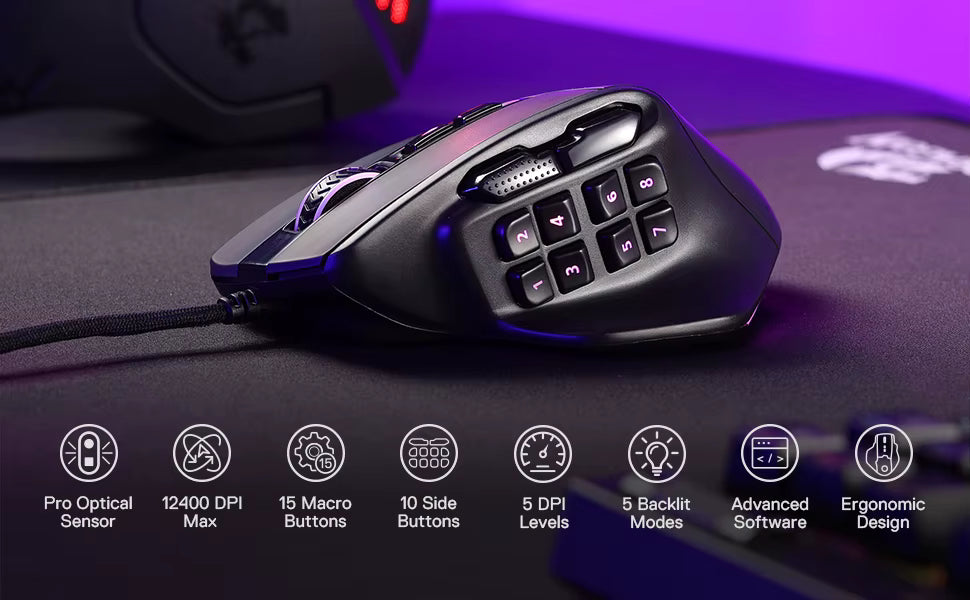 M811 Aatrox MMO Gaming Mouse, 15 Programmable Buttons Wired RGB Gamer Mouse W/ Ergonomic Natural Grip Build