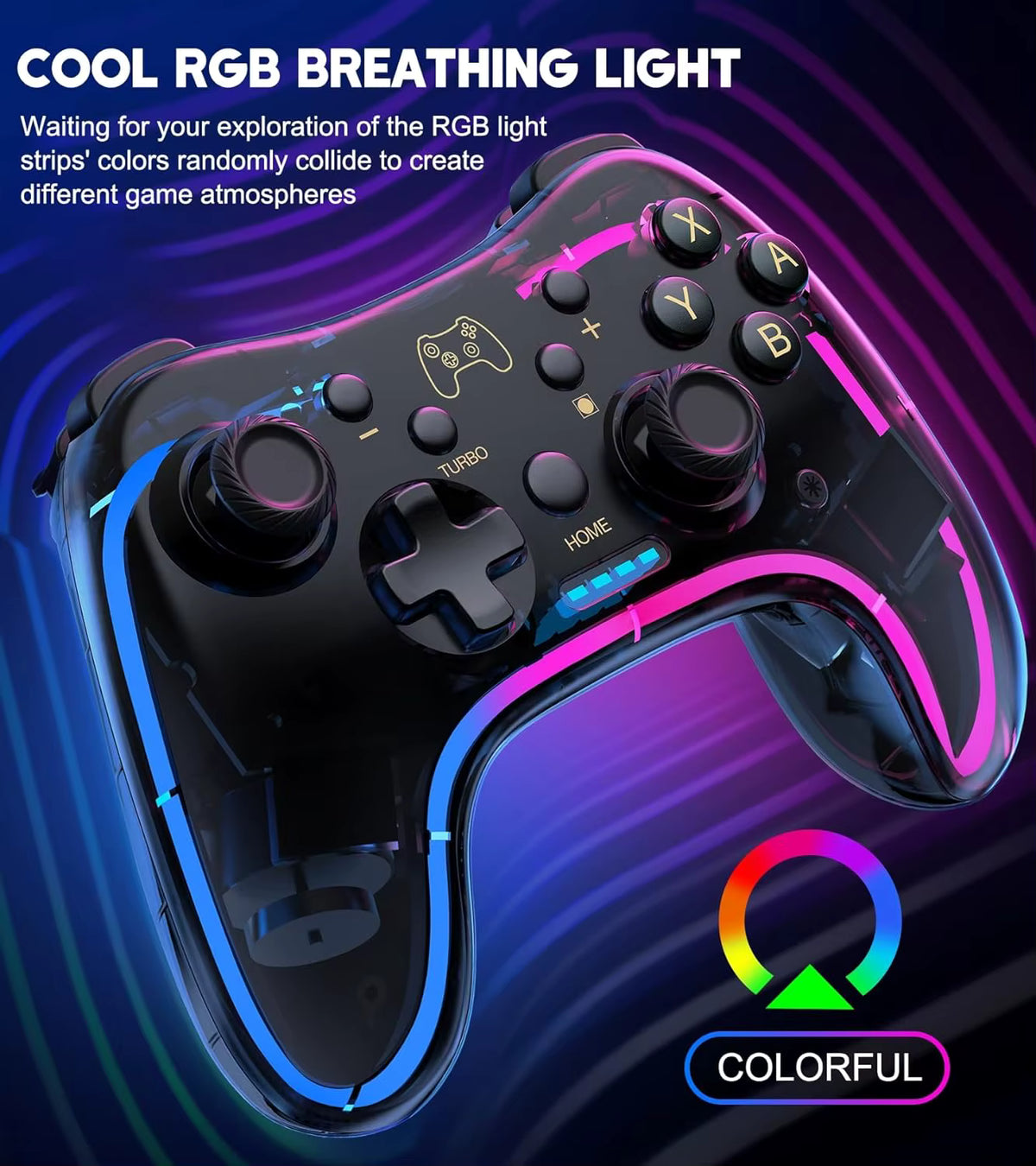Controller 7039 for Switch with RGB Lights,Turbo,Wake-Up Function,Supports Multi-Platform&App Control,Transparent Gamepad