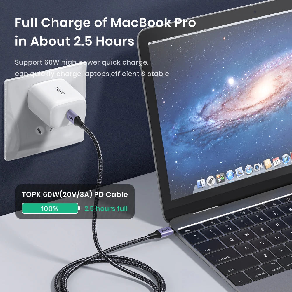 60W PD Fast Charger Cable USB C to USB Type C Cable for Macbook Pro USB C PD Cable Fast Charging for Samsung Xiaomii